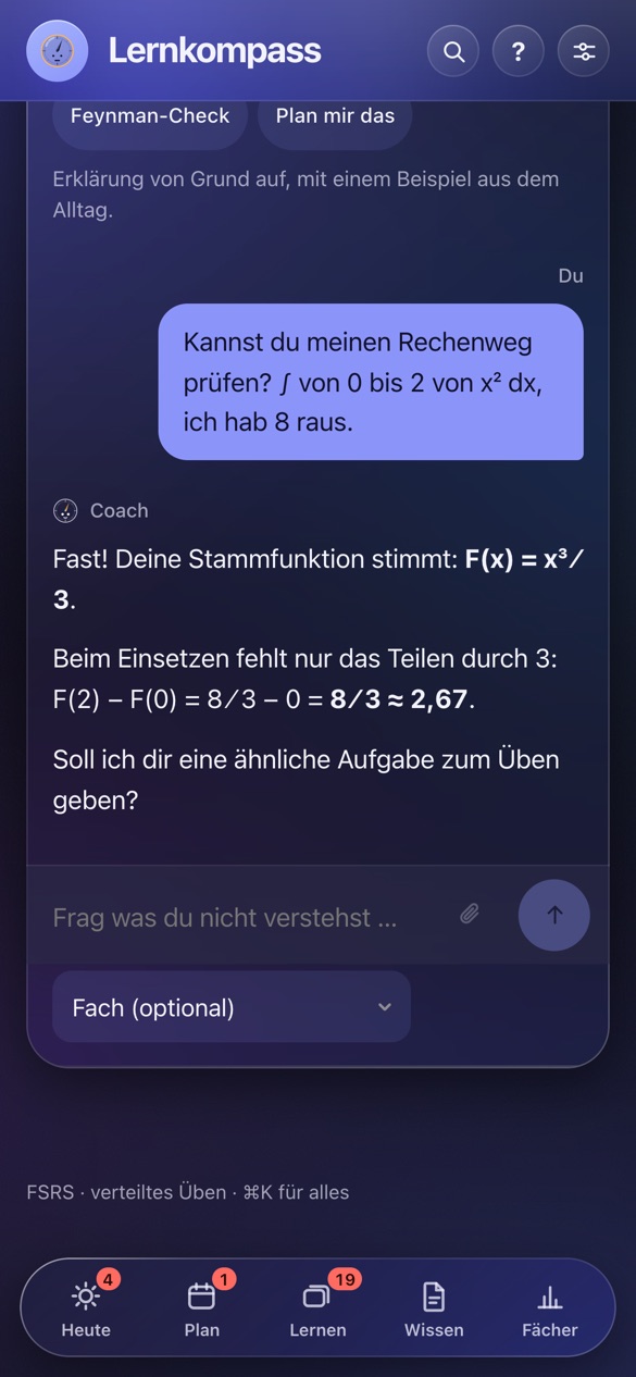 Der Coach prüft einen Rechenweg zur Stammfunktion