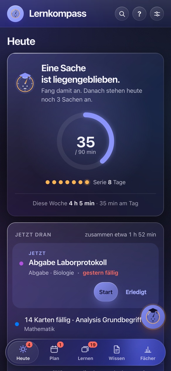 Der Bereich Heute mit Lernzeit-Ring und der Karte Jetzt dran