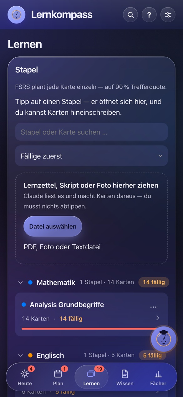 Karteikarten-Stapel nach Fächern mit fälligen Karten