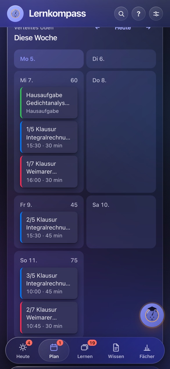 Wochenansicht mit Lernblöcken für zwei Klausuren